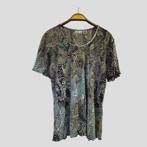 Carroll Reed Women’s Blouse Size XL Black Green Floral Short Sleeves